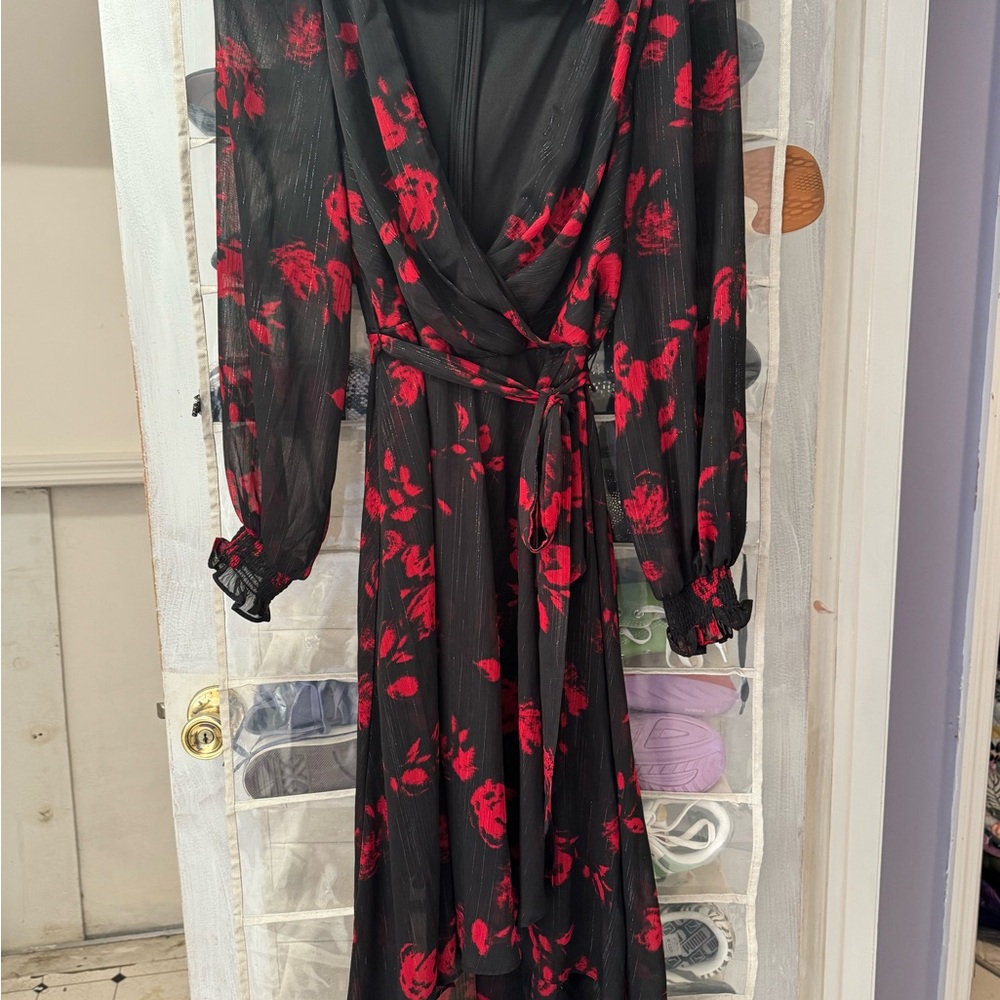 DKNY Black and Red Floral Long Sleeve Dress